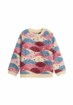 Kinder-Langarmpullover mit bunten Wellenmustern in Pink, Blau und Creme, mit Vögeln, Kaninchen und Blumenmotiven.