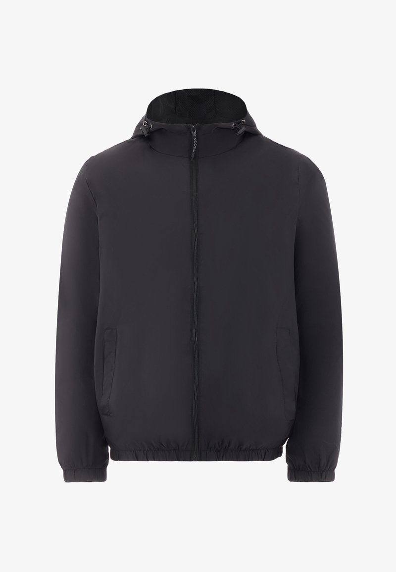 Veste noire à capuche avec fermeture éclair, poignets et ourlet élastiques, poches latérales, et cordons ajustables sur la capuche.