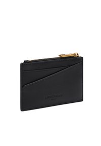 Czarny skórzany portfel z zamkiem błyskawicznym i złotymi elementami. Posiada przegrody na karty po jednej stronie oraz tłoczone logo marki na froncie.