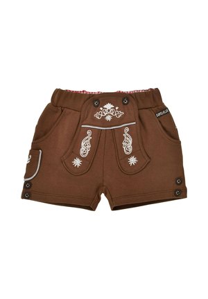 Brown traditional-style shorts with white floral embroidery, button details, side pocket, and elastic waistband with red gingham lining.