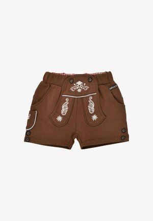 Brown traditional-style shorts with white floral embroidery, button details, side pocket, and elastic waistband with red gingham lining.