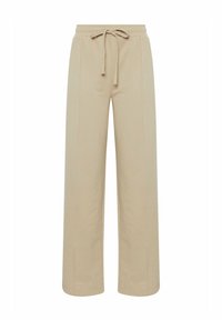 Pantalones de pierna ancha en color beige con cintura elástica y cordón. Tejido suave con costuras laterales y un ajuste relajado para mayor comodidad.