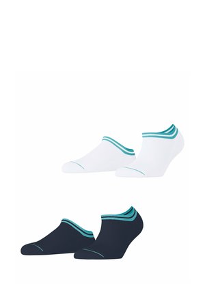 Set von niedrigen Socken in Weiß und Marineblau. Jedes Paar hat einen gerippten Abschluss mit türkisfarbenen Akzenten und einer durchgehend glatten Textur.