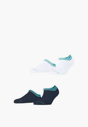 Set of low-cut socks in white and navy. Each pair features a ribbed cuff with teal accents and smooth texture throughout.