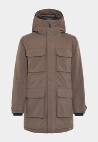 Brun isolerad parka med huva, som har fyra framfickor, dragkedjestängning och stickade mudd för extra värme.