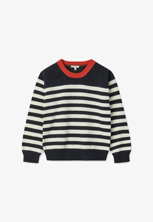 Pull manches longues rayé horizontal noir et blanc avec col rond côtelé rouge et poignets et ourlet côtelés.