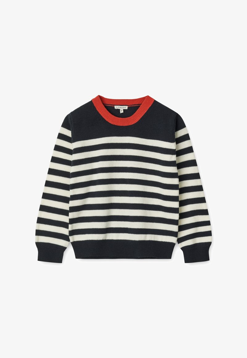 Pull manches longues rayé horizontal noir et blanc avec col rond côtelé rouge et poignets et ourlet côtelés.