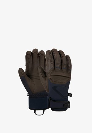 Guantes aislantes marrones con acabado texturizado, palmas de cuero, nudillos reforzados y correas ajustables en la muñeca, con un diseño elegante y ergonómico.