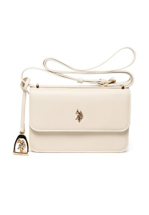 Borsa a tracolla in pelle color crema con logo oro di cavallo e cavaliere e tracolla regolabile con dettaglio fibbia dorata.