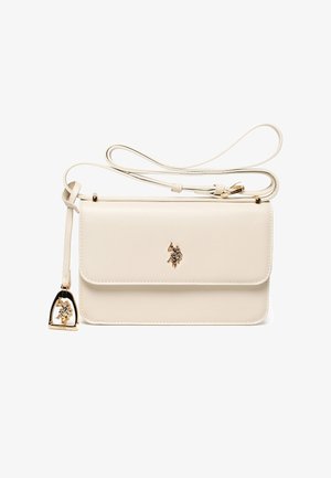 Borsa a tracolla in pelle color crema con logo oro di cavallo e cavaliere e tracolla regolabile con dettaglio fibbia dorata.