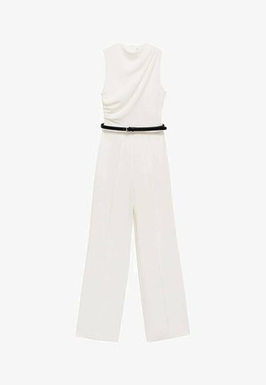 White jumpsuit with sleeveless design, draped bodice, wide-leg trousers, and a black belt at the waist. Smooth texture and minimal detailing.