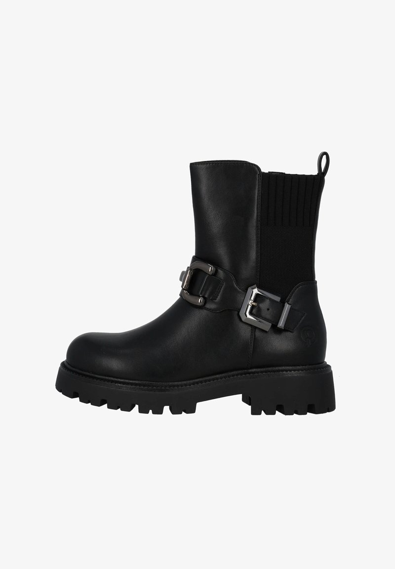 Bottes noires en cuir jusqu'à la cheville, avec un panneau élastique côtelé, un détail de boucle argentée et une semelle robuste à crampons prononcés.
