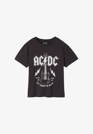 Black short-sleeve T-shirt with white AC/DC logo, electric guitar graphic, lightning bolts, and "World Tour 1977 Let There Be Rock" text.