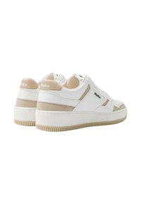 White and beige sneakers with textured fabric and smooth leather, featuring a thick sole, flat laces, and MoEa branding on the heel.