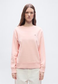 Νεαρή γυναίκα με μακριά καστανά μαλλιά που φοράει ανοιχτό ροζ φούτερ και εκρού παντελόνια, στέκεται μπροστά σε απλό λευκό φόντο.