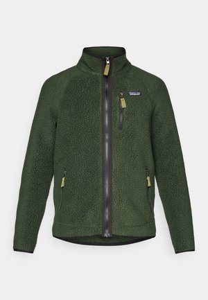 Dark green fleece jacket with full front and chest zipper, side zip pockets, and a small brand logo on the left chest.