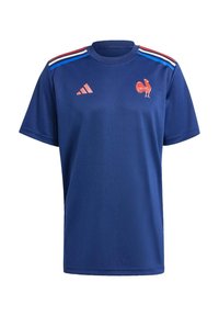 Maglia sportiva blu realizzata in materiale sintetico con maniche corte, caratterizzata da accenti a strisce rosse e blu sulle spalle e un emblema di gallo.