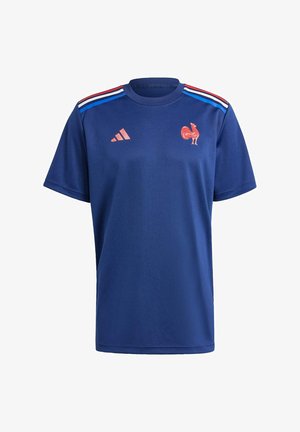 Blue sports jersey made of synthetic material with short sleeves, featuring red and blue striped accents on the shoulders and a rooster emblem.