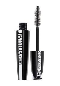 Tubetto di mascara nero con la scritta "MEGA VOLUME" e "COLLAGENE 24H" in bianco. Include un pennello spesso e testurizzato per l'applicazione.
