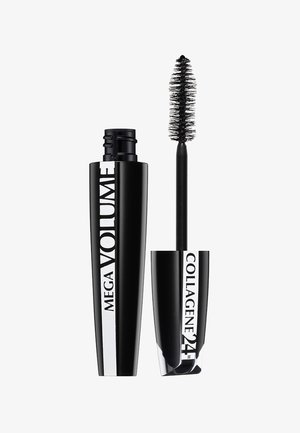 Tube de mascara noir avec "MEGA VOLUME" et "COLLAGENE 24H" en texte blanc. Comprend une brosse épaisse et texturée pour l'application.