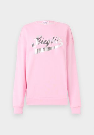 Roze sweatshirt van zacht materiaal, met een zilverkleurig metallic "Stieglitz" logo op de voorkant en ribgebreide boorden en zoom.