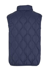 Navy blue sleeveless vest with a high collar, featuring a quilted pattern of rounded shapes and elastic at the hem for a snug fit.