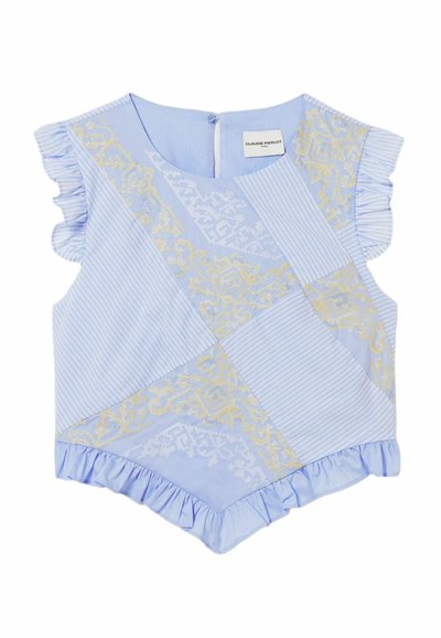 Top patchwork azzurro chiaro con righe bianche, ricamo floreale dorato, maniche a sbuffo e orlo arricciati, chiusura con cerniera posteriore.