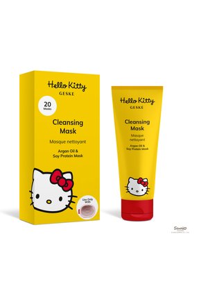 Gelbe Hello Kitty Geske Reinigungsmaske Box und Tube mit Arganöl und Sojaprotein, mit Hello Kitty Gesicht und roter Schleife auf beiden.