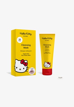 Boîte et tube jaune du masque nettoyant Hello Kitty Geske contenant de l'huile d'argan et des protéines de soja, avec le visage de Hello Kitty et un nœud rouge sur les deux.