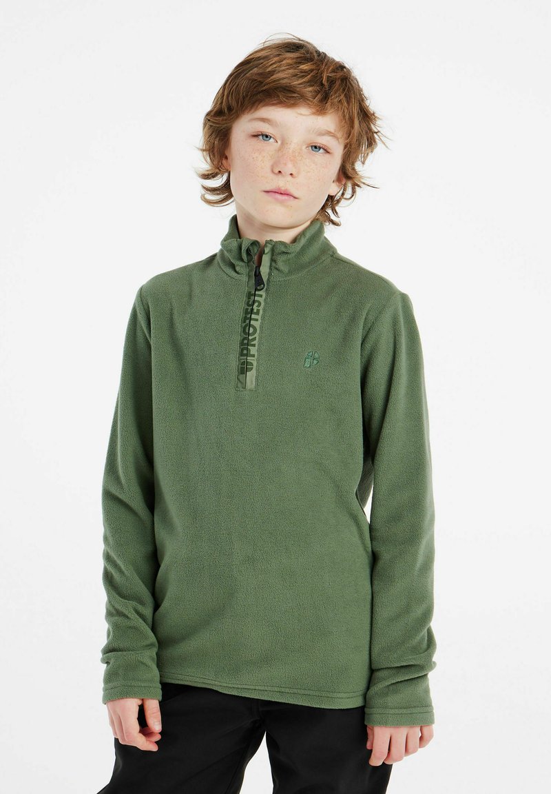 Pullover in pile di colore verde oliva con colletto alto, chiusura a zip a metà e dettaglio del logo sul davanti. Tessuto morbido e maniche lunghe.