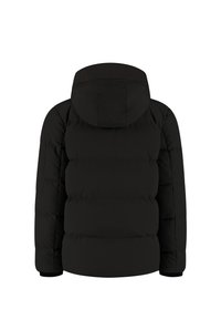 Zwarte pufferjack met een capuchon en een gewatteerd ontwerp. Zacht materiaal met een gladde textuur, geen zichtbare hardware of accenten.