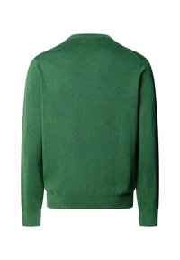 Grüner Strickpullover mit klassischem Rundhalsausschnitt, langen Ärmeln und geripptem Saum. Glatte Textur mit einheitlicher Farbgebung.