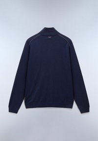 Marineblauer Pullover mit hohem Kragen, gerippten Bündchen und Saum. Glatter Stoff mit dezenten Stickereien an Schultern und Rücken.