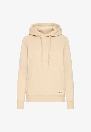 Beige Kapuzenpullover aus weichem Stoff, mit einer Kordelzug-Kapuze, Vordertasche, gerippten Bündchen und Saum sowie einem kleinen Logo-Label an der unteren Seite.