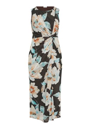 Robe noire sans manches à grand imprimé floral blanc, pêche et bleu, avec un détail de nœud torsadé à la taille et une fente avant.