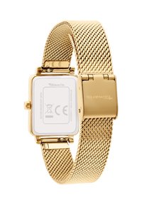 Montre en maille dorée avec boîtier carré en acier inoxydable, cadran blanc et fermoir ajustable. Résistance à l'eau jusqu'à 3 ATM.