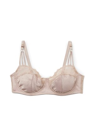 Lys beige satin-bh med bøjle, blonderkant, justerbare dobbelte skulderstropper og diskret diagonalt stribet mønster på skålene.