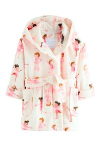 Polár köntös kapucnival, világos krémszínű, játékos rózsaszín gyermekrajzokkal díszítve. Derékszíjjal és két első zsebbel ellátva.