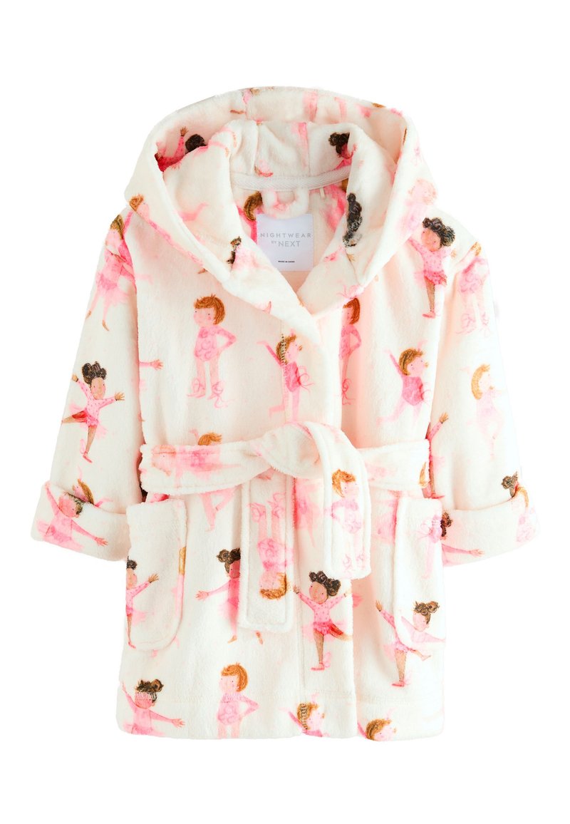 Polár köntös kapucnival, világos krémszínű, játékos rózsaszín gyermekrajzokkal díszítve. Derékszíjjal és két első zsebbel ellátva.