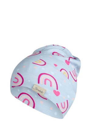 Light blue baby beanie with pink and orange rainbow and heart patterns, featuring a beige "Sterntaler" brand tag.