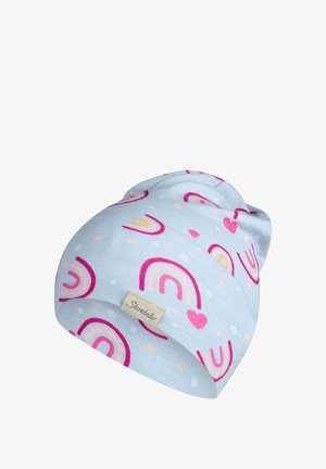 Light blue baby beanie with pink and orange rainbow and heart patterns, featuring a beige "Sterntaler" brand tag.