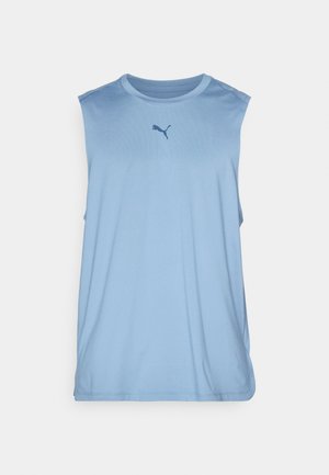 Light blue sleeveless athletic shirt, made of smooth fabric, with a crew neck and small navy Puma logo on the chest.
