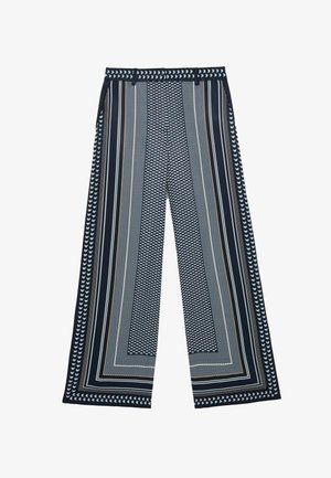 Tmavě modré kalhoty s širokými nohavicemi se svislými a obdélníkovými geometrickými vzory v bílé a béžové barvě, obsahující malé motivy ve tvaru půlměsíce a pruhů.