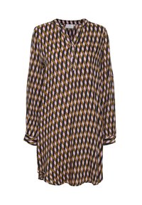 Long-sleeve shirt made of lightweight fabric featuring a geometric pattern in brown, black, and pink, with a V-neck and button details.