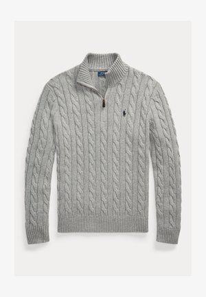 Grau gestrickter Pullover mit einem Stehkragen. Verfügt über einen Reißverschluss am Hals und gerippte Bündchen sowie einen Saum. Beinhaltet ein kleines Logo auf der Brust.