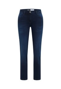 Jeans de mezclilla ajustados en un lavado azul intenso, con cinco bolsillos, cierre frontal de botón y detalles de costura sutiles. Textura suave.