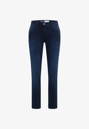 Slim-fit denim jeans in deep blue wash, featuring five pockets, a front button closure, and subtle stitching details. Smooth texture.