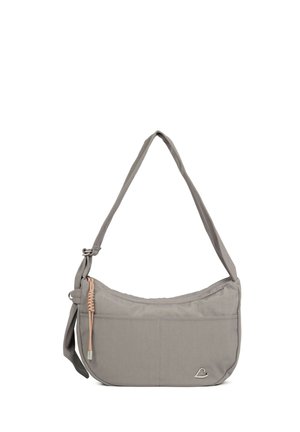 Szara torba na ramię z regulowanym paskiem, przednią kieszenią i małym metalowym logo; posiada warkoczowy uchwyt zamka po boku.