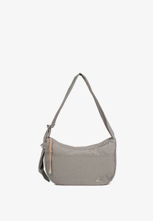 Szara torba na ramię z regulowanym paskiem, przednią kieszenią i małym metalowym logo; posiada warkoczowy uchwyt zamka po boku.