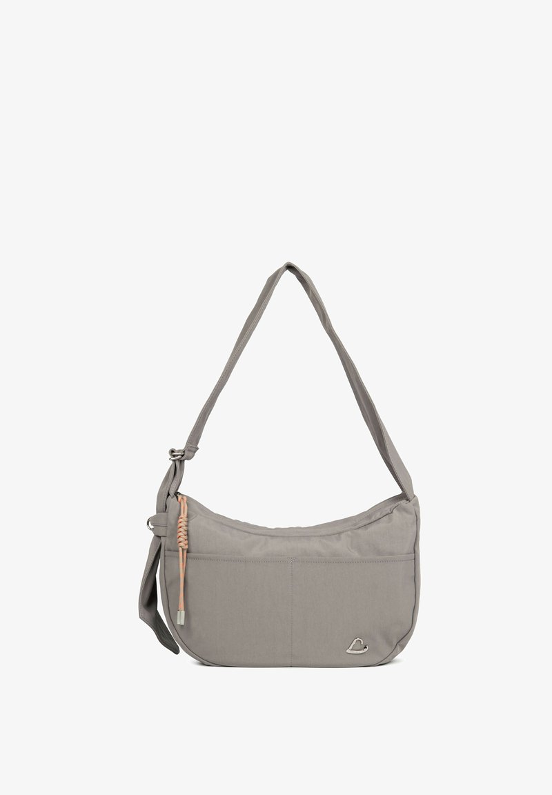 Sac à bandoulière gris avec sangle réglable, poche avant et petit logo en métal ; présente un détail tressé sur la tirette de la fermeture éclair sur le côté.